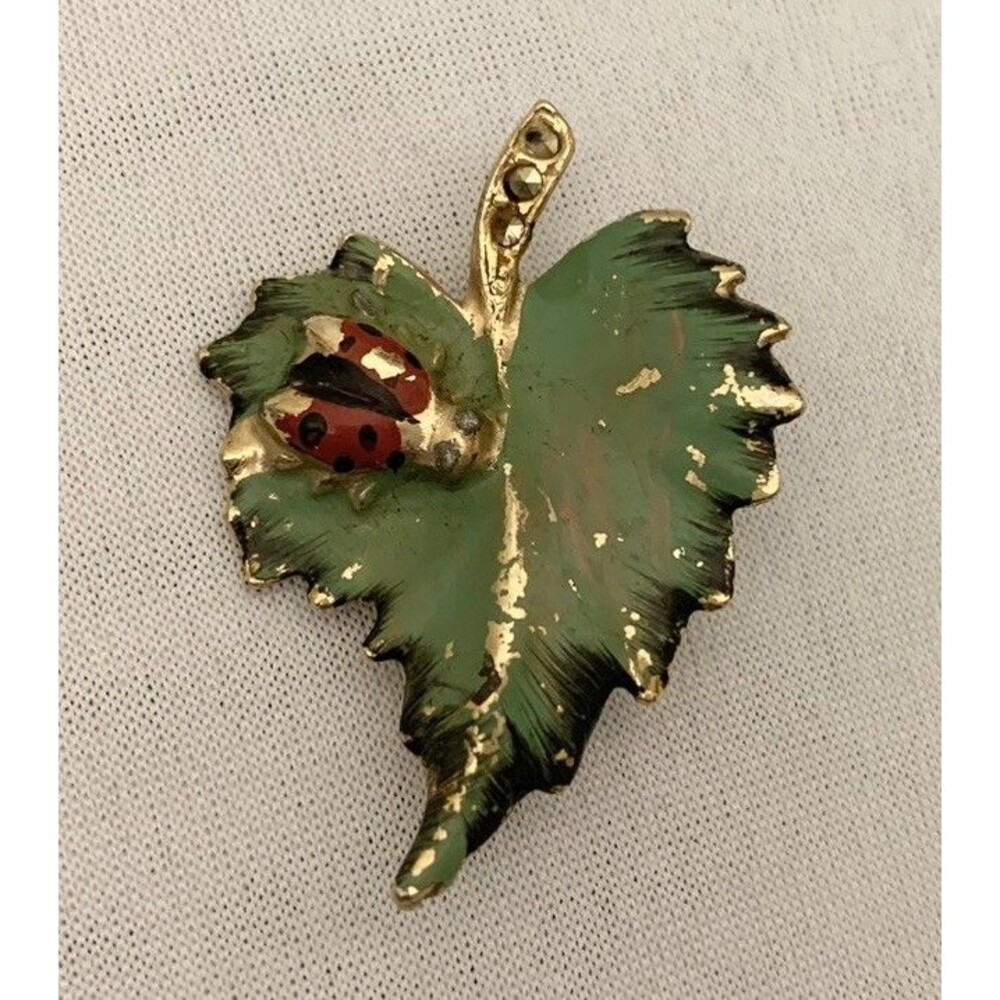 Ladybug Leaf Pin Faux Gold Red Unique Fashion Jewelry Plant Earth Nature